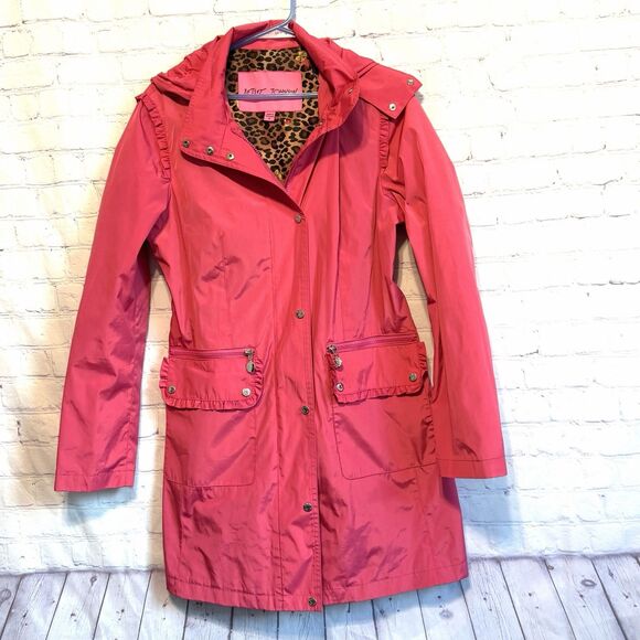 Betsey Johnson Pink Raincoat Anorak Jacket Hooded Drawstring Zip Cinched Waist - Picture 7 of 13